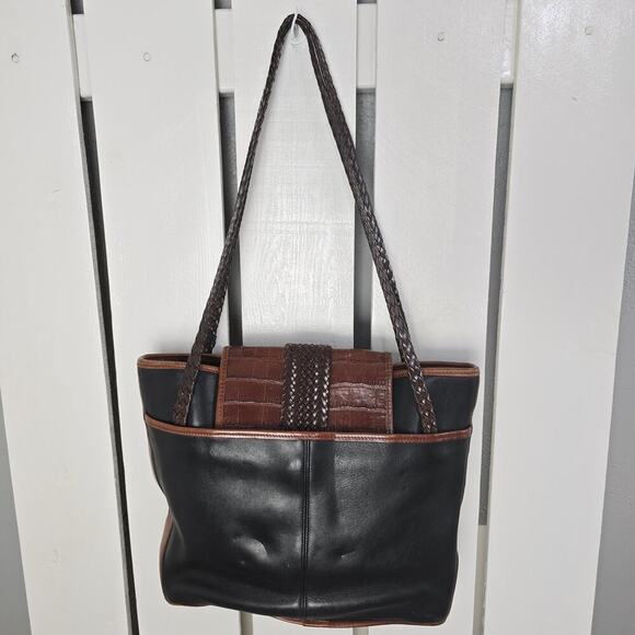 Brighton 90s Medium Brown Black Shoulder Tote Bag Purse 852249 Minimalist Mature - Picture 2 of 14